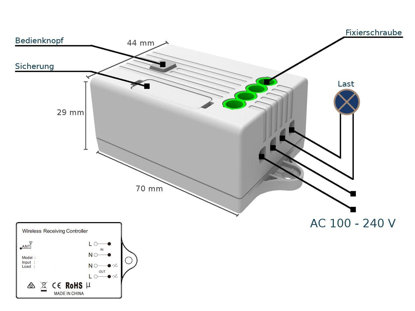 Empfänger & elektronischer Regler für codalux Funkschalter, 1-Kanal Empfänger 1,0 A 433 MHz ein/aus, dimmen, WiFi, Alexa